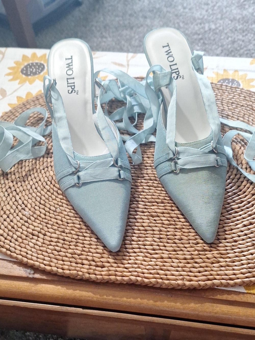 Two Lips Light Blue Pointed-Toe Slingback Mules with Ankle Ties
